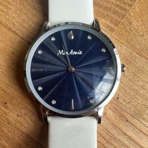 Mon Amie ladies silver tone white leather dress watch NEW BATTERY